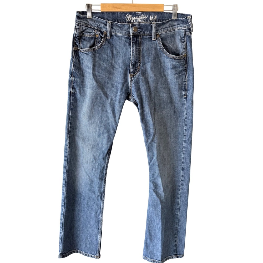 Wrangler Retro Slim Boot Men 33x34 Medium Wash Stretch Denim Jeans WLT77LY - Picture 1 of 12